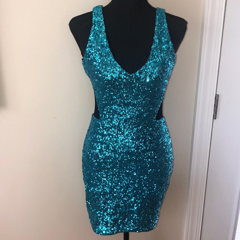 Bebe Teal Sequin Body Con Dress